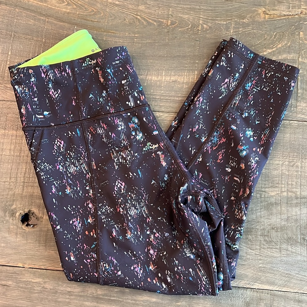 Athleta Black Capris with Neon Green Waistband and Multicolor Speckle Print